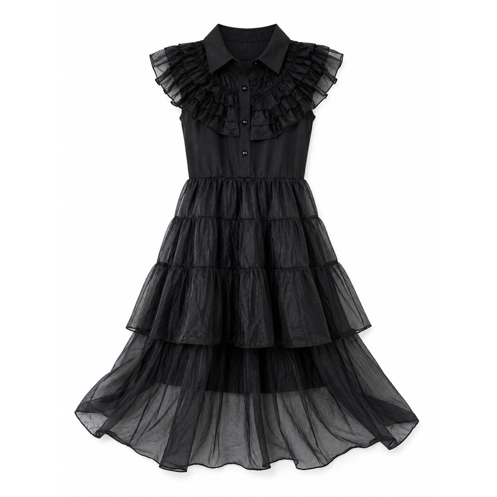 Black Fairy Goth Whimsical Ruffle Tiered Mesh Midi Dress‎ Cottagecore S Est
